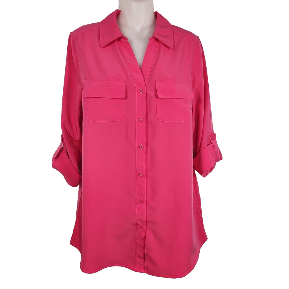 Denim & Co Roll Tab Sleeve Button Front Soft Utility Tunic Summer Pink S A227885